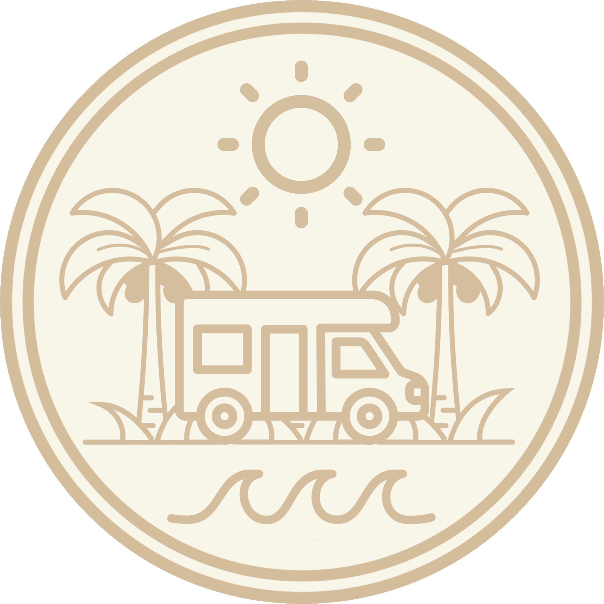 Vintage-inspired icon featuring a camper van by the beach with palm trees and waves, representing COCOU’s blog post interviews.
