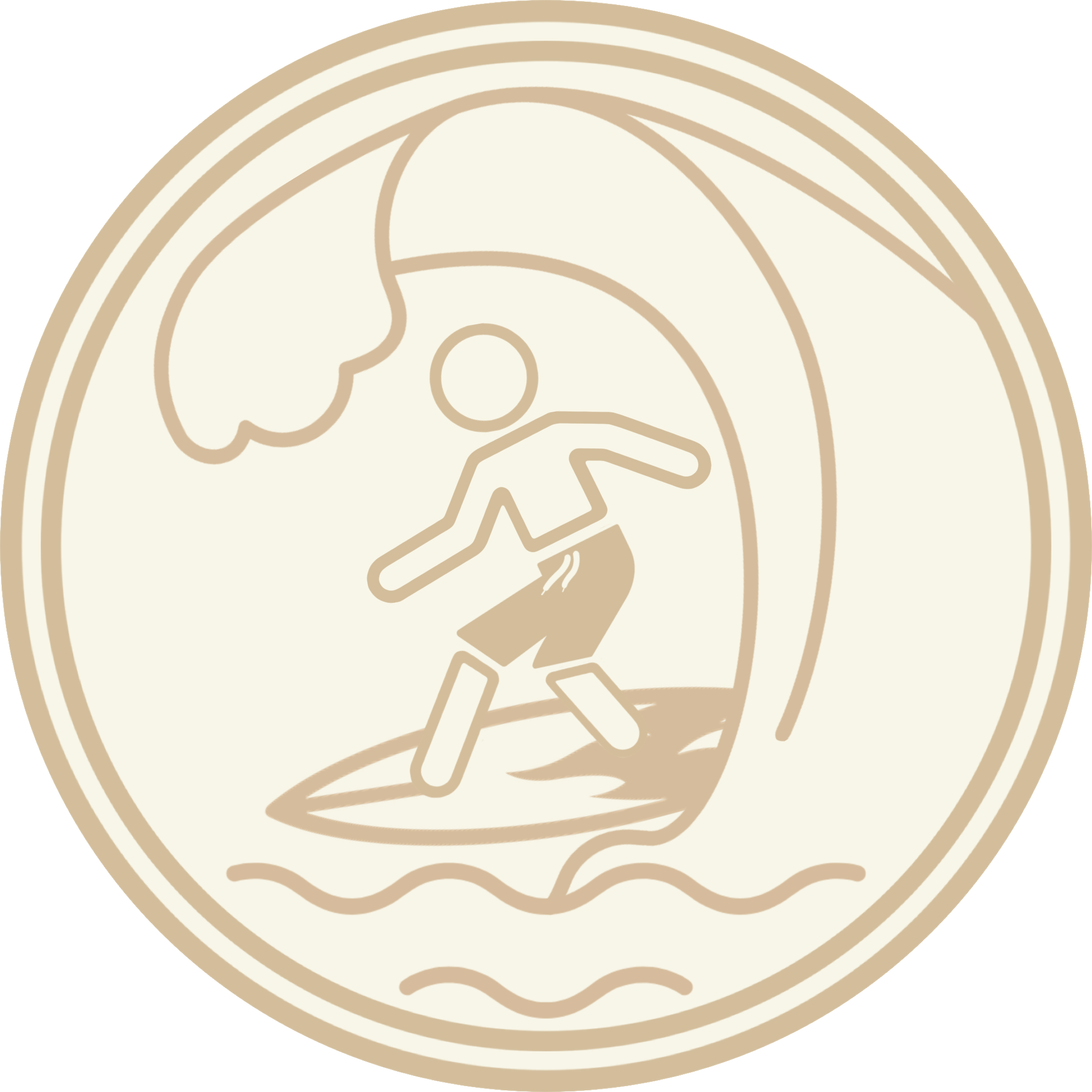 A minimalist surfer icon, riding a wave in a beige and cream palette, symbolizing freedom and connection to nature.