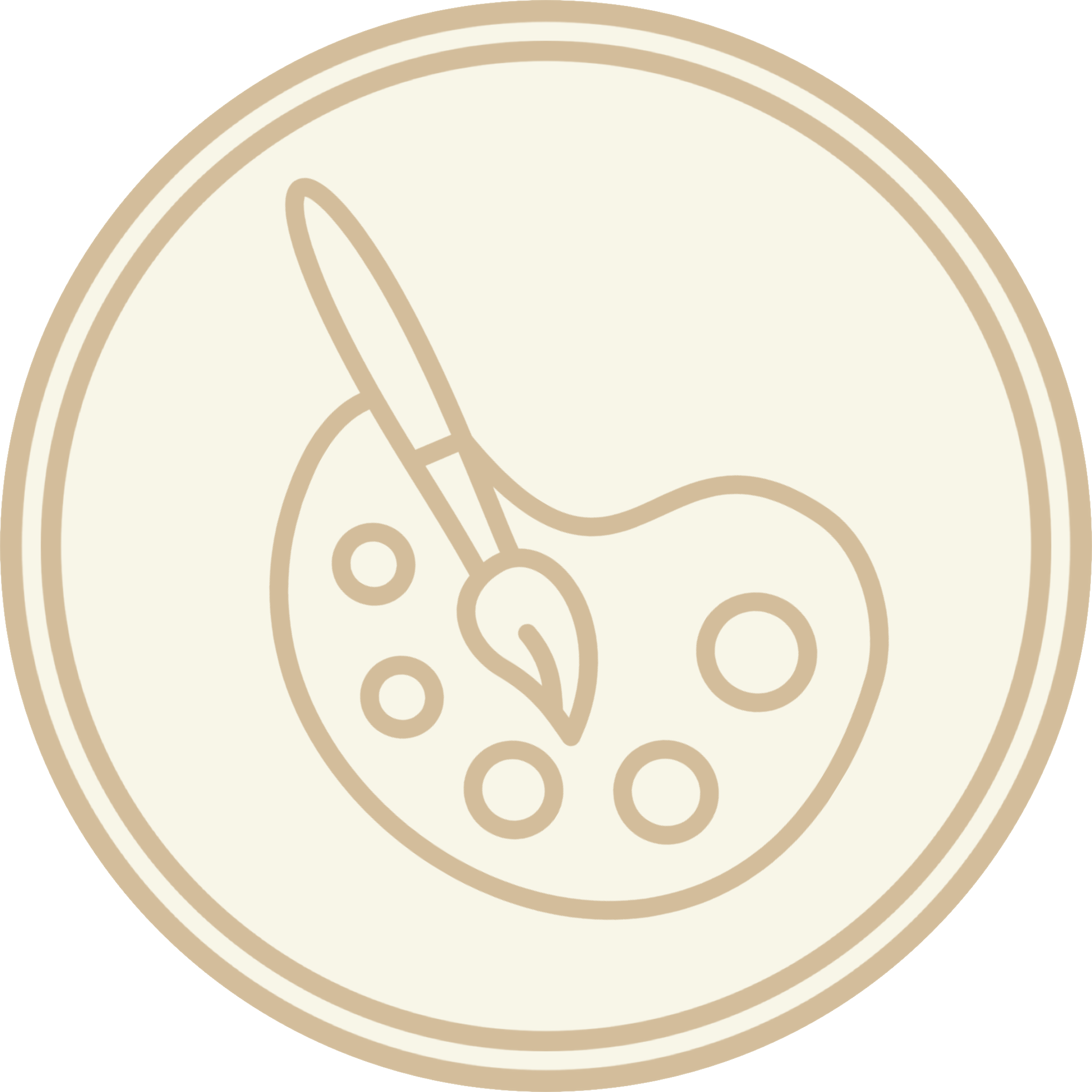 Clean, vintage-style icon featuring an artist’s palette and paintbrush, symbolizing creativity and design for COCOU Conscious Couture.