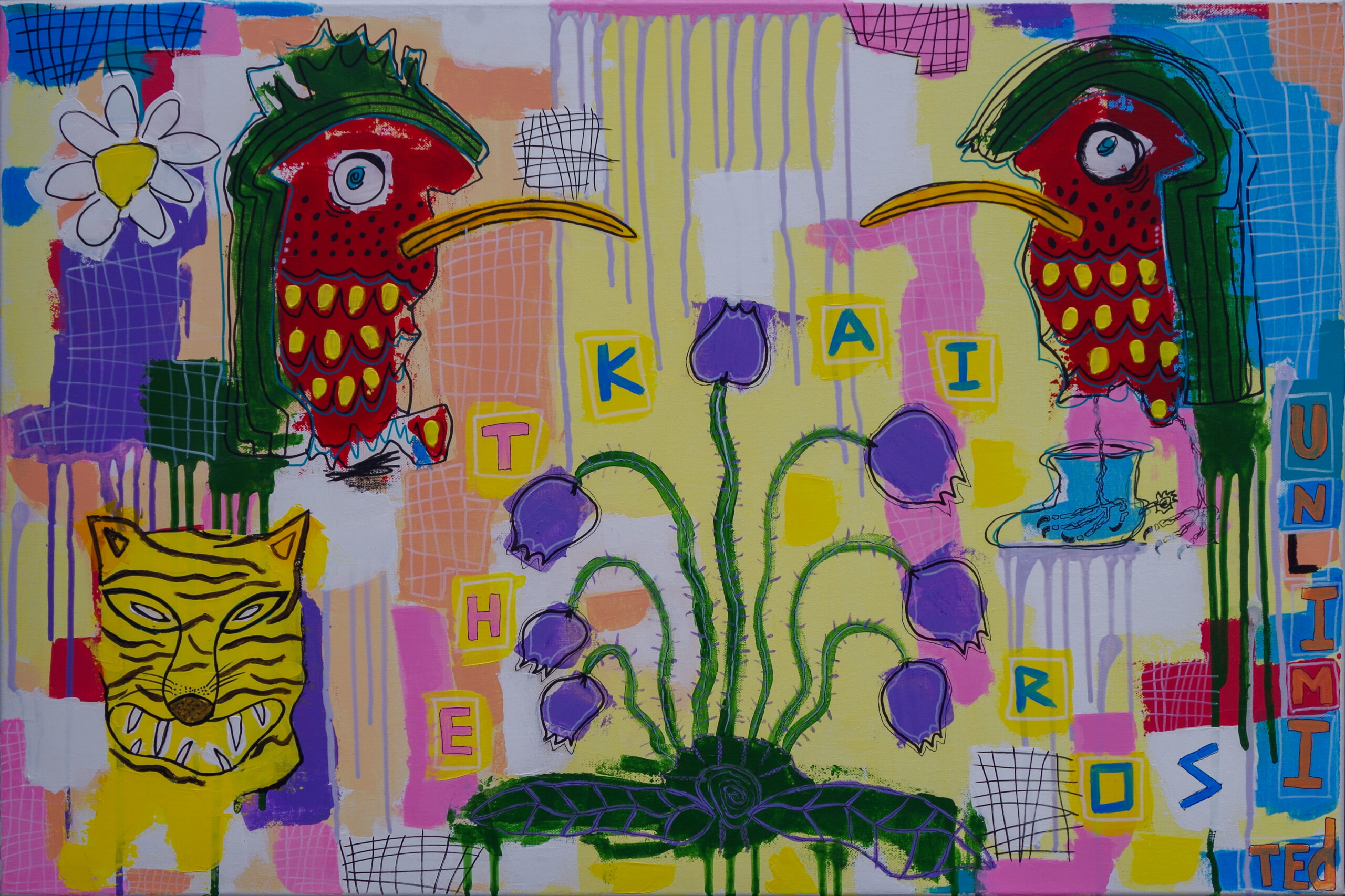 Colorful abstract painting with vibrant birds, flowers, and geometric patterns, symbolizing nature, creativity, and playful design.