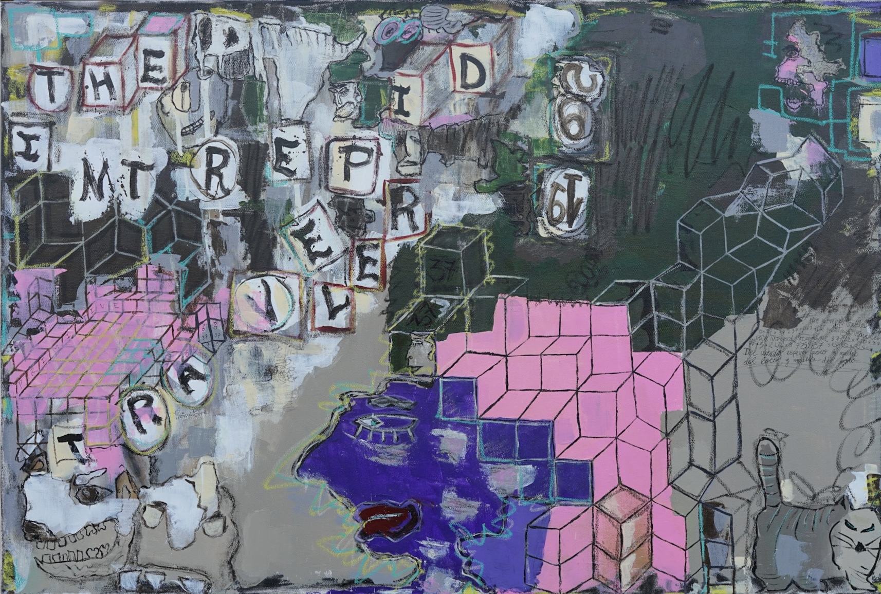 Abstract painting with geometric shapes, text blocks, and a purple face on a dark background, symbolizing creativity and introspection.