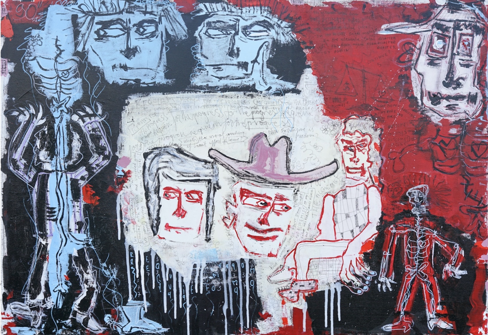 Abstract painting featuring expressive human faces, a skeleton, and bold red and black tones with layered text and textures, symbolizing depth and creativity.