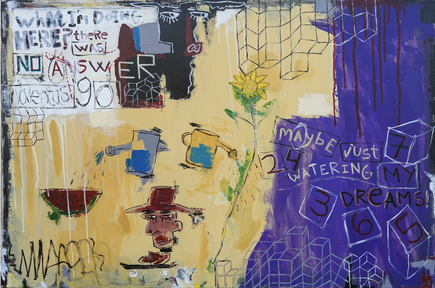 Abstract painting featuring a sunflower, watering cans, bold text, and geometric patterns in yellow, purple, and black tones, symbolizing growth and creativity.