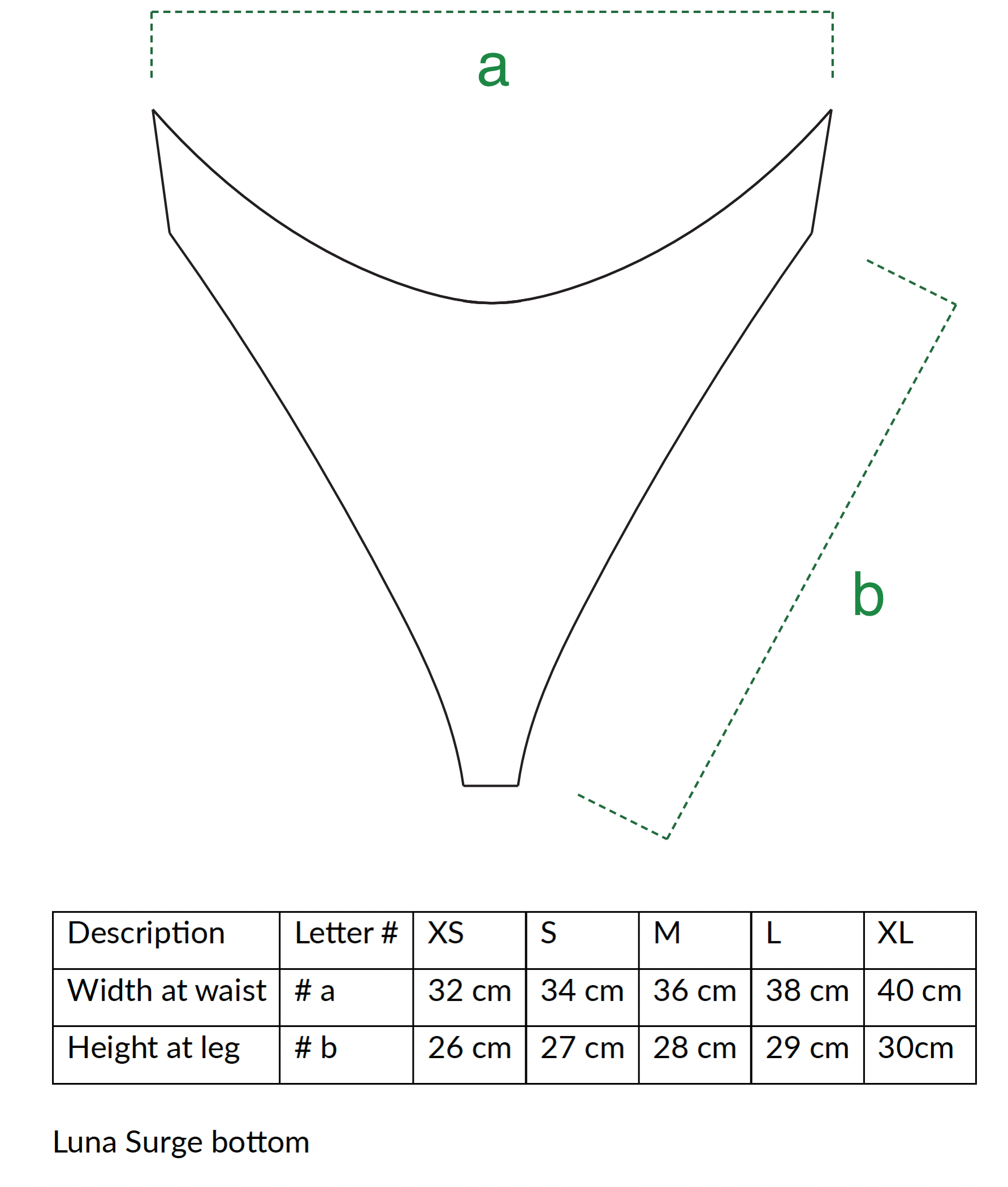 Luna Surge bikini bottom size guide – eco-friendly, high-leg cut bottom with a flattering silhouette.