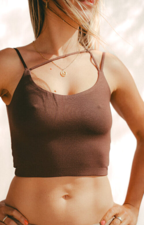 Reversible multiway strap yoga top in dark brown and purple (Jacaranda) made from soft bamboo fabric, sustainable strappy yoga wear