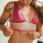 Reversible multiway triangle bikini top in dark pink and warm yellow by COCOU